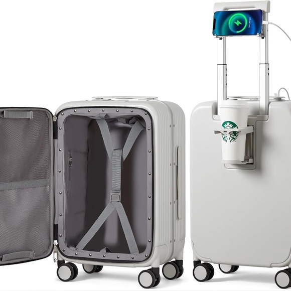 White Rolling Suitcase with Cup Holder